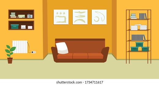 Cozy Living room interior with furniture.sofa, bookcase, table, lamps, carpet, wall picture