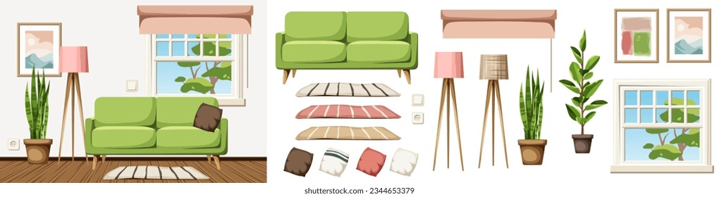 Cozy living room interior with a green sofa, a floor lamp, and a sansevieria plant (snake plant). Furniture set. Interior constructor. Cartoon vector illustration