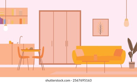 Cozy Living Room Interior Landscape Illustration with Sofa Couch and Cupboard