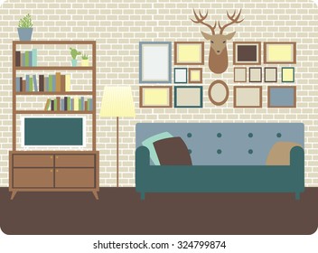 Cozy living room interior with loft style wall and decorations