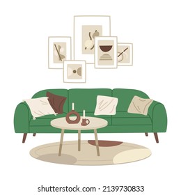 Cozy living room interior, modern furniture and minimalistic decorations. House indoor interior, doodle living room isolated vector illustration. Cute trendy interior