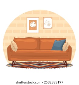 Cozy living room interior with orange sofa and decor, Vector