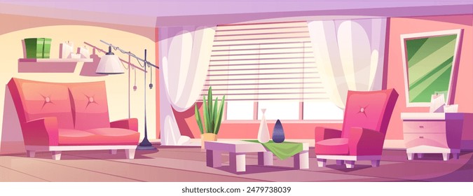 Cozy living room interior with pink furniture and walls on sunny day. Cartoon vector modern home or hotel inside with sofa and armchair, window with curtains and blinds, table and flowers in pot.