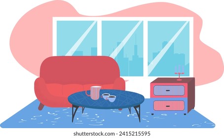 Cozy living room interior with red sofa, coffee table, and city view. Modern apartment design with decor items and large window. Comfortable home space, stylish furniture vector illustration.