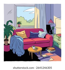 Cozy living room interior with red couch, potted plants, and a view of trees outside.