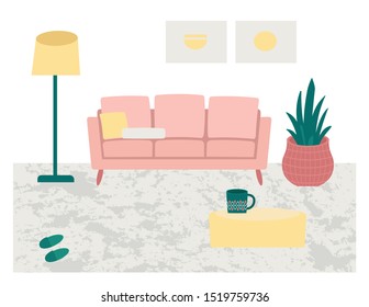 Cozy living room interior with sofa, textured rug, lamp, wall paintings, houseplant, ottoman, mug and home slippers. Vector illustration.
