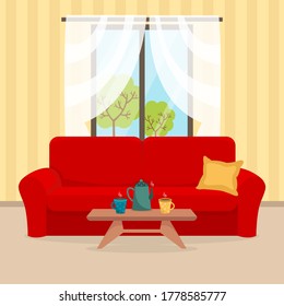 Cozy living room interior with sofa, curtains window and small table with teapot and two cups. Flat style vector illustration