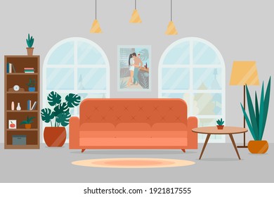 Cozy living room interior with sofa, two large windows and potted plants. Flat style vector illustration.