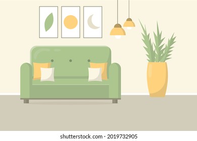 
Cozy living room. Interior of a room with a sofa in a modern style. Vector illustration in a flat style.