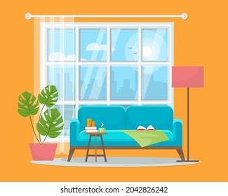 Cozy Living room interior. Sofa with plaid and book, large window with cityscape. Flat style vector illustration.