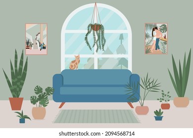 Cozy living room interior with sofa, large window, cat and plants growing in pots. Flat style vector illustration.