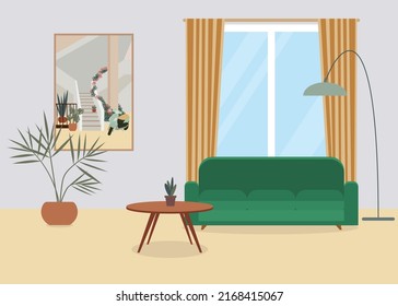 Cozy living room interior with sofa, window and potted plants. Flat style vector illustration.