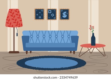 Cozy living room interior with sofa, vase and lamp and floor lamp, paintings and plant pot. Minimalist style in light beige colors.furniture in simple flat style.