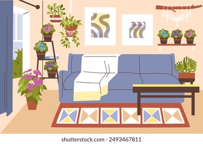 Cozy living room interior with sofa, pictures, blossom flowers and Macrame hangers for plants pots. Succulent, violet and anthurium flowers. Vector flat illustration. Houseplant hang on knitted rope