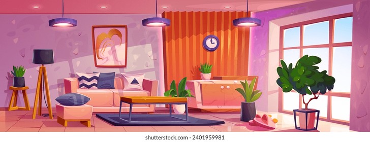 Gemütliche Wohnzimmereinrichtung mit weichen Möbeln und Tisch, Lampe und Bild an der Wand, grüne Blumen in Töpfen und große Fenster. Cartoon Vektorgrafik des modernen Hauses mit Sofa und Kissen.