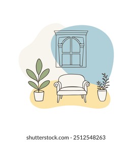 Cozy living room interior with stylish armchair and potted plants near large window in Provencal style setting, pastoral interior, simple doodle drawing with harmonious shapes on background.