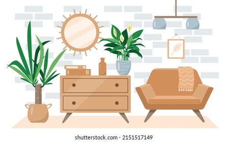 Cozy living room interior in trendy Scandic hygge style. Modern house or apartment with homeplants and furniture.  Flat or cartoon vector illustration.