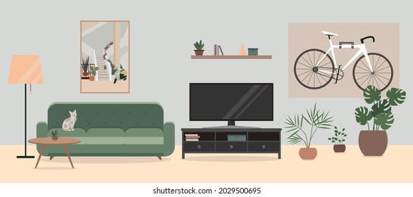 Cozy Living room interior with TV, sofa, flowers in pots, and a bicycle. Bike hanging on the wall in living room.