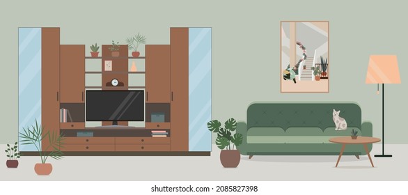 Cozy Living room interior with TV cabinet with shelves, TV, sofa, flowers in pots.