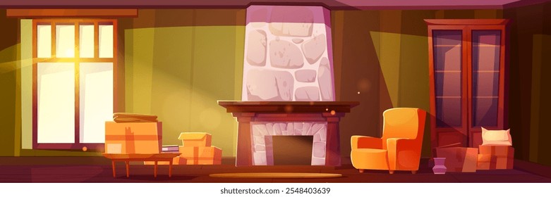 Interior acolhedor da sala de estar com luz solar quente através de grande janela, lareira de pedra, poltrona laranja confortável, estante de madeira. Caixas de papelão móveis espalhadas na mesa de café e no chão.