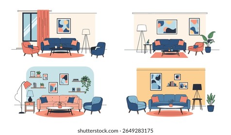 Cozy Living Room Interiors Featuring Modern Furniture and Abstract Art Decoration Styles