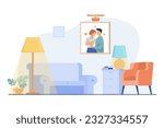 Cozy living room with lights vector illustration. Floor and table lamps in apartment, local lighting for picture of happy couple on wall. Furniture, interior design, renovation concept