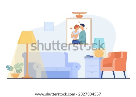 Cozy living room with lights vector illustration. Floor and table lamps in apartment, local lighting for picture of happy couple on wall. Furniture, interior design, renovation concept