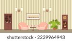 Cozy living room with mahogany furniture, pink armchairs and grandfather clock. Home interior concept. Cartoon flat style. Vector illustration