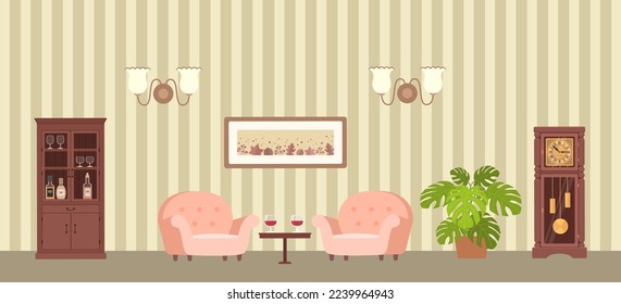 Cozy living room with mahogany furniture, pink armchairs and grandfather clock. Home interior concept. Cartoon flat style. Vector illustration