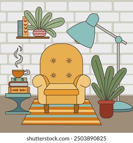 Cozy living room. Modern interior. Cute reading area with vintage armchair, reading lamp and bookshelf. Flat style, children's illustration on white background.