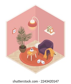 Sala de estar acogedora - moderna ilustración isométrica vectorial colorida. Una cómoda silla con una manta y zapatillas de casa, moqueta de flores y una mesita con taza de café. estantería, planta de vivienda y lámpara de piso