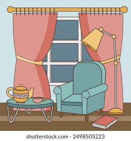Cozy living room. Old-fashioned interior. Cute reading area with vintage armchair, reading lamp and coffee table. Flat style, children's illustration on white background.