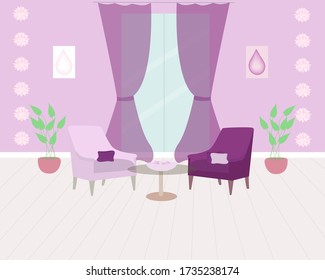 Cozy living room in pink and purple tones.
