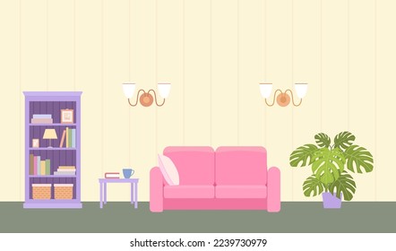 Acogedora sala de estar de estilo provenzal. El concepto de casa interior. Caricatura de estilo plano. Ilustración del vector