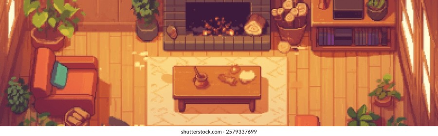 A cozy living room scene featuring a fireplace, wooden furniture, and potted plants. The warm atmosphere is enhanced by a rug and decorative items on the coffee table.