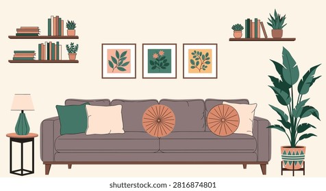 Cozy living room scene with sofa plants and shelves filled with books and art on the wall