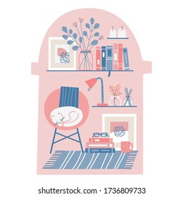 Cozy living room scene within a house silhouette. Hand drawn vector illustration.