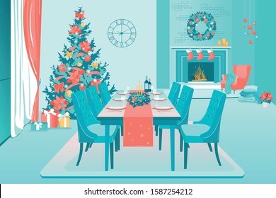 Cozy Living Room with Served Table and New Year Decoration. Christmas Fir Tree with Ornaments, Garlands, Presents. Fireplace with Xmas Red Stockings Full of Gifts. Wreath on Wall. Vector Illustration