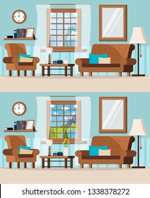 Cozy living room set with furniture and window view of winter and summer lake landscape. Sofa, armchair, wall clock, mirror, coffee table, lamp, books, shelf. Cartoon flat style vector illustration.