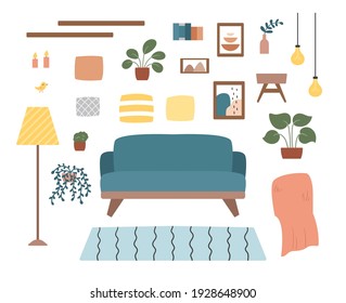 Salón acogedor con muebles, plantas y decoración. Iconos de doodles dibujados a mano. Estilo escandinavo de higge. Colores pastel de moda.