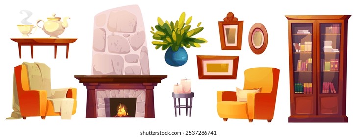 Cozy living room set with stone fireplace, comfy armchairs, wooden bookcase filled with literature. Coffee table holds teapot and cups. Candles on stand and decorative frames, green plant in blue vase