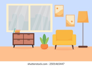 Cozy living room setup with a bright yellow chair, wooden furniture, and natural light
