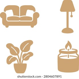 Cozy living room setup featuring a sofa, lamp, plant, and candle creating a warm ambiance