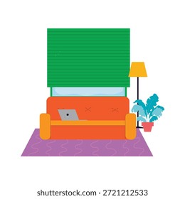 Acogedora sala de estar con un sofá, ordenador portátil y Ilustración vectorial de plantas.