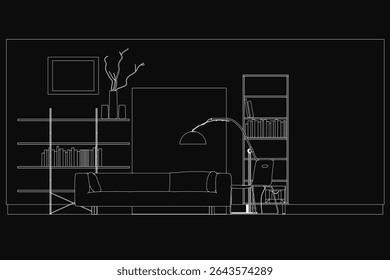 A cozy living room sketched in black and white, featuring a plush couch, armchair, and a stylish floor lamp. A bookshelf, decorative flower vase, and framed wall art complete the inviting space.