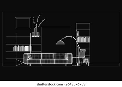 A cozy living room sketched in black and white, featuring a plush sofa, armchair, and elegant lamp beside full bookshelves. A flower vase adds a touch of warmth against the dark background, creating.