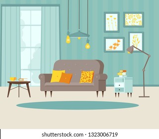 Cozy living room with sofa, bedside table with books, posters on the wall and striped wallpaper, lamp, window, balcony door. Blue, grey and yellow. Vector illustration