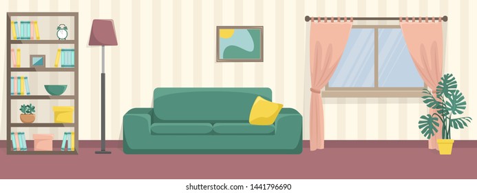 Cozy living room with sofa and bookcase. Flat interior.