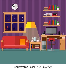 A cozy living room with a sofa, computer, books and a window. Stay home. Vector illustration.