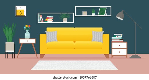 Salón acogedor con sofá. Ilustración vectorial en estilo plano, interior en diseño de loft